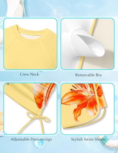 Image of AGAPENG Girls Swimsuit Two Piece Short Sleeve Rash Guard Floral Print Ruched Girls Bathing Suit UPF 50+ Swimwear for 9-16Y