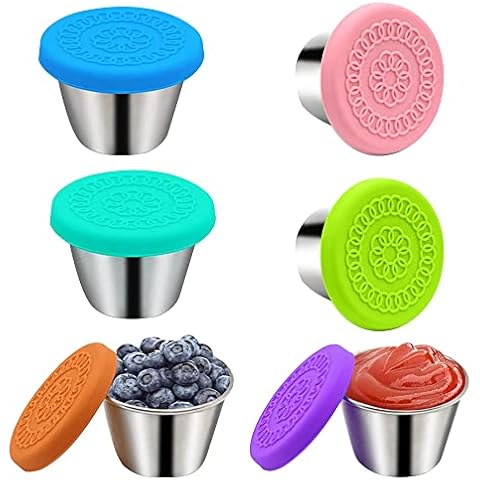 Mopoin Mini Salad Dressing Container, 6 Pieces, Mini Tin with Lid for Sauce, Leak-Proof, Reusable Food Storage Containers, 70 ml, Stainless Steel, Mini Ketchup Box for Picnic, Lunch Box, Travel Cover