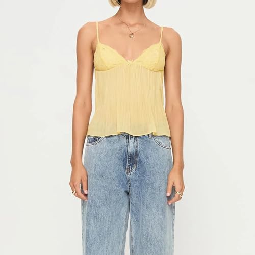 ICNGLKSND Women Y2K Sleeveless Mesh Cami Low Cut Spaghetti Strap Lace Trim Sexy Crop Top Sheer Flowy Beach Tops Pleated Tank3