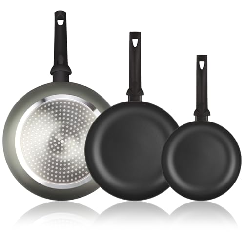 ALZA Giro - Set de Sartenes Grises 20 + 24 + 28cm, Aluminio Prensado Grueso, Antiadherente Doble Capa, Todo Tipo de Cocinas, Inducción y Lavavajillas
