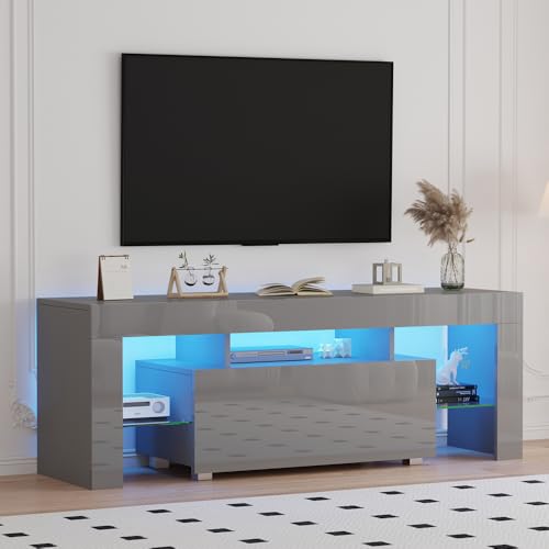 Rainbow Tree 130cm High Gloss Grey TV Stand Cabinet With RGB LED Lights Modern Grey TV Unit with Shelves and Drawers Large Storage TV Cabinet for Living Room Bedroom