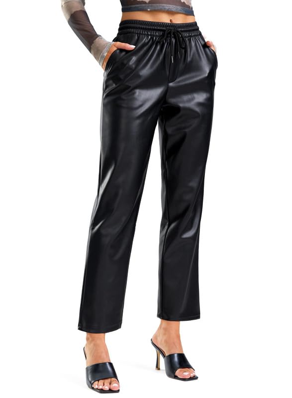 SANTINY Pantalon en similicuir pour femme - Taille haute - Jambe droite - Pantalon court en similicuir végétalien mat pour femme
