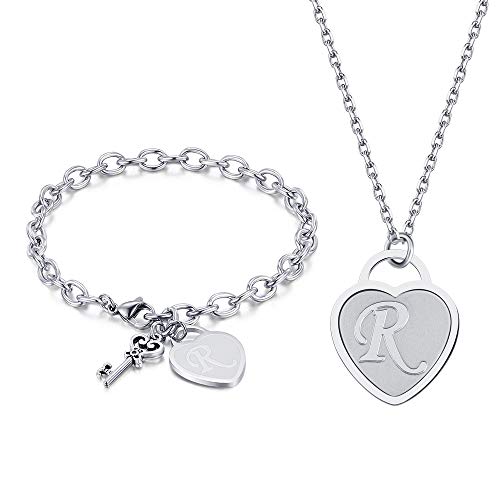 SHAARMS Heart Key Initial Necklace Bracelet Set for Teens Girls Christmas Gift ,Stainless Steel 26 Letter Chain Necklaces Personalized Name Heart Locket Bracelet, Birthday Gifts for Friend with Jewelry Bag (R)