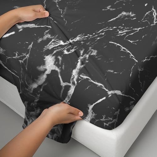 Image of Pizuna 100% Cotton Bedsheet Super King Size with 2 Pillow Covers, 400 Thread Count Long Staple Cotton, Marble Pattern Flat Bed Sheet 108X108 Inch for Superking Bed, Black Printed Bedsheet