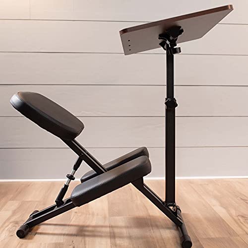 Image of VIVO Kids' Kneeling Chair with 28 x 16 Inch Desk, Young Student Height Adjustable Posture Stool with Tilting Table for Home Study, Max 110 lbs, Black Cushions, Dark Wood Desktop, DESK-KN02D