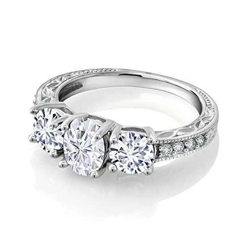 Gem Stone King 10K White Gold Gemstone Birthstone and Lab Grown Diamond 3-Stone Engagement Ring | Oval 7X5MM and Round 5MM | Three Stone Wedding Anniversary Promise Ring For Women4