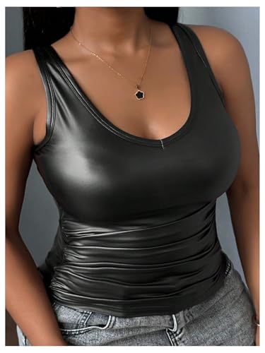 Floerns Women's Plus Size Sleeveless Tank Top Ruched V Neck Leather Camisole Shirt4