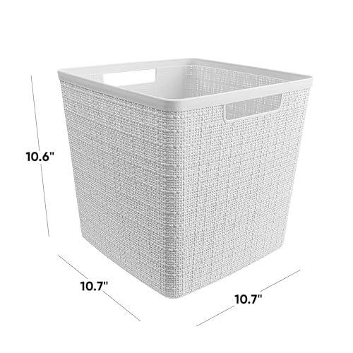 Curver Set of 4 Large Cube 17L Jute Decorative Plastic Organization and Storage Baskets - Perfect Bins for Home Office, Closet Shelves, Kitchen Pantry and All Bedroom Essentials, White