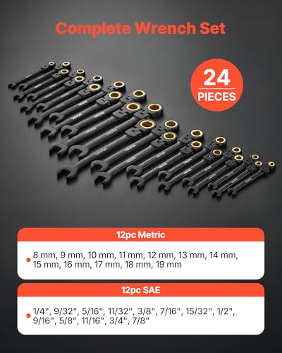 Image of VEVOR 24-piece Ratcheting Wrench Set with 180 Flex Head, Anti-Slip Tooth, Combination Wrench Sets with Organizer Box, Metric 8-19mm & SAE 1 /4-3 /4 inch, Black Electrophoretic Coating