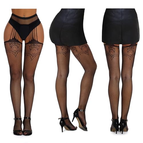 image for SOUTHRO 5 Pairs Black Thigh High Stockings Patterned Tights-Fishnet/Ne