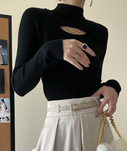 Image of Women Mock Neck Cutout Front Top Long Sleeve Light Weight Ribbed Knitting Sweater Bodycon Casual Shirt