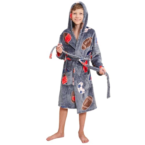 V.&GRIN Boys Fleece Robe, Hooded Plush Soft Fuzzy Bathrobe for Kids 3-14 Years（Sports 13-14