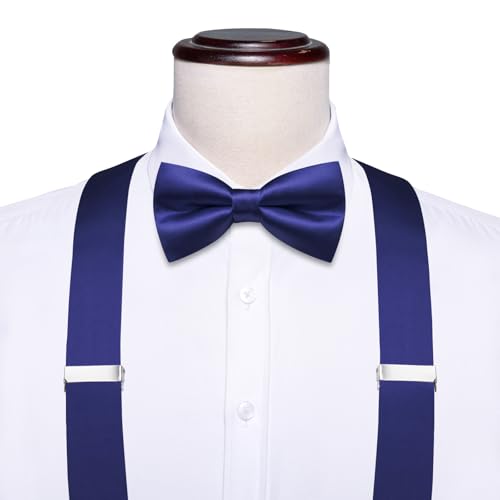 Image of Hi-Tie Men Suspender Bowtie Set Suspenders Pre-tied Bow Tie Pocket Square Cufflinks Adjustable Y Shape 6 Clips Braces Tuxedo