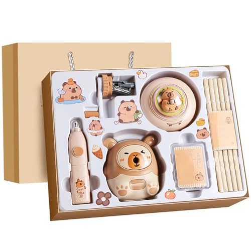 JIABAOZ Juego de Papelería de Capibara, Juego de papelería de carpincho eléctrico con Goma Eléctrica, Aspiradora, Sacapuntas y Más, Ideal para Niños y Regalos Escolares