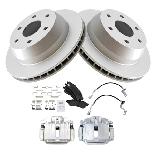 Image of TRQ Rear Brake Pad and Rotor Set Semi Metallic G Coated Rotors Calipers Compatible with 2001 Chevrolet Silverado 1500 GMC Sierra 1500