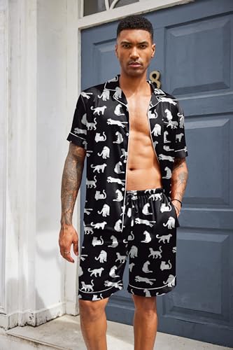 Image of Ekouaer Mens Satin Pajamas Set Button-Down Short Sleeve Shirt Top Soft Silk Sleepwear Shorts with Pockets