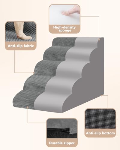 Image of Aodisman Dog Stairs for High Beds,5 Step Pet Ramp for Dogs and Cats,22.4 inch H | High-density foam dog steps for beds and window sills, with a non-slip bottom for puppy and older cat,comfortable,Grey
