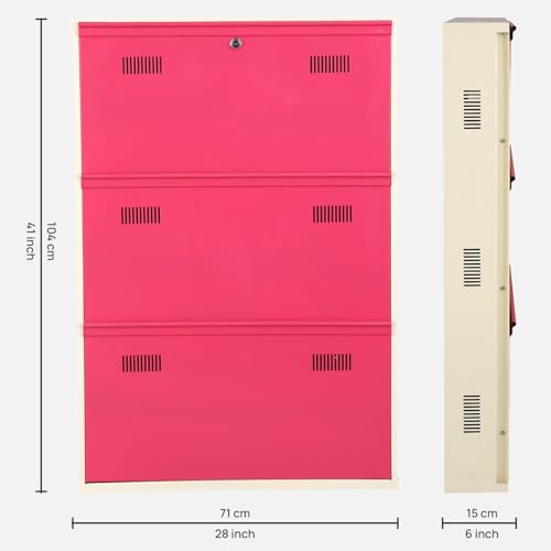 Image of Metal Shoe Rack Wall Mounted for Home with Central Locking |3 Door 28 inch Wall Mounted Metal 9 Pair Shoe Rack Cabinet | Pre-Assembled Rack Shelves |3 Year Warranty (Pink & Ivory)