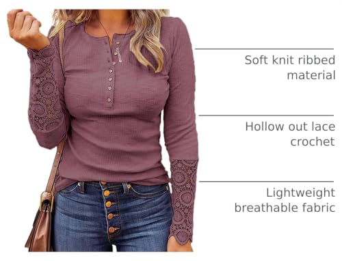 Image of Kancystore Women's Long Sleeve Tops Lace V Neck Button Down Henley Shirts