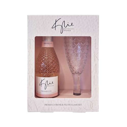 Kylie Minogue Mini Prosecco Rosé D.O.C Gift Pack 20cl 11% ABV with HeartDetail Flute Elegant Gift by Blue Tree Gifts