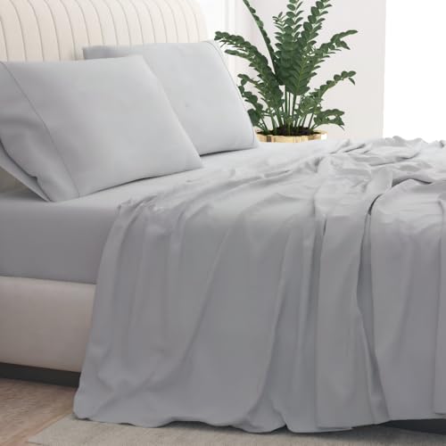 Image of Full Size Sheets, 1000 Thread Count 100% Cotton 4-Piece Bed Sheet Set, 16-Inch Deep Pocket, Soft Breathable Cooling Sateen Hotel Bedding, Light Grey