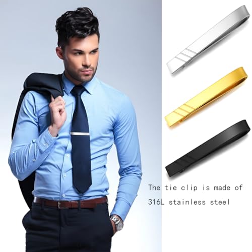 Image of GWD Stainless Steel Tie Clips for Men Personalized Initial Tie Bar Set | 2 Pcs Classic Letter Tie Clips for Men, Silver and 14K Gold Plated Tone