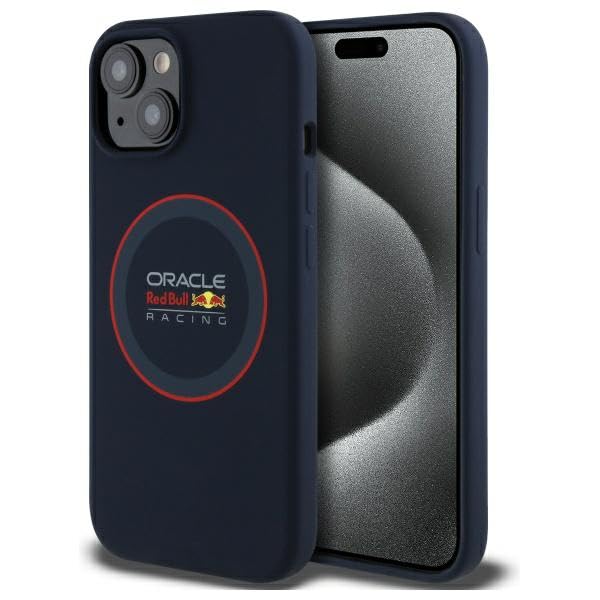 CG MOBILE Red Bull RBHMP14S24SIILVR Coque pour iPhone 14 6,1" Bleu Marine Licence Silicone Anneau Rouge Compatible avec MagSafe