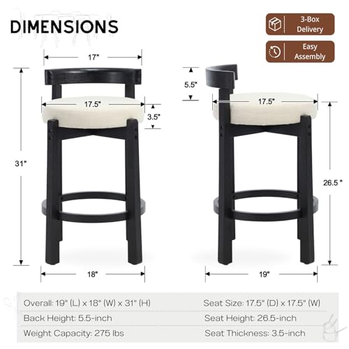 Image of CIMOTA 26.5 inch Counter Height Bar Stools Set of 6 | Mid Century Modern Low Back Bar Chairs with Black Wood Legs & Linen Upholstered Seat, Kitchen Island Stools, Beige