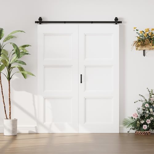 Image of 56 inchx80 inch 3-Grid MDF Molded Panel Bifold Barn Door Slab with 64 inch Track Kit