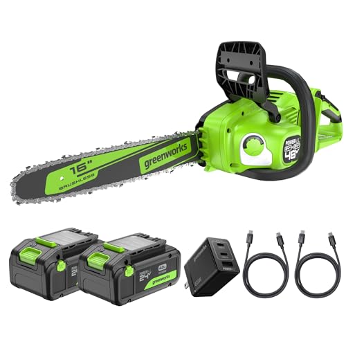 Greenworks 48V (24V x 2) 16' Brushless Chainsaw, Great For Tree Felling, Limbing, Pruning, and Firewood / 200+ Compatible Tools,(2) 4.0Ah Batteries and 100W Type-C Charger (3-FT Cord)