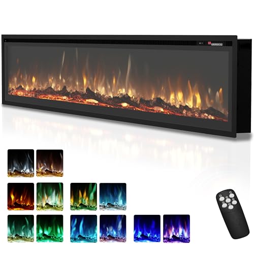 Image of EUHOMY 73 inch Electric Fireplace Recessed Wall Mounted Freestanding with Remote Control, Ultra-thin Fireplace Heater with Adjustable Flame Color, Linear Fireplace with Timer, Log & Crystal, 750 /1500W