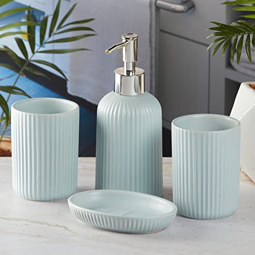 Image of SaSaSa Ceramic Bathroom Accessories Set of 4 Modern Bath Set with Soap Dispenser & Toothbrush Holder, Luxury Home & Gift Idea, Blue (9630)