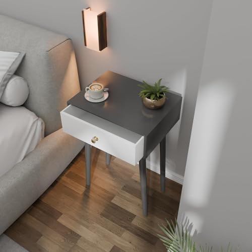 Image of End Table with Storage Rack Wooden Nightstand Bedside Table Storage Bookcase Nightstand Side End Table Living & Bed Rooms (Grey White)