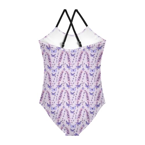senya Girls Swimsuits One-Piece Swimwear Tie Bathing Suit Beach Summer Round Neck 9-10T Purple Butterfly Lavender Pattern2