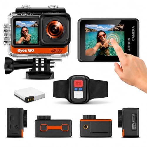 Eyes GO 4K26 - Caméra Sport 4K30fps - 17 Accessoires - Photo 16MP - 2 Ecrans Tactile Vlog - Télécommande - Stabilisateur E.I.S 2.0 - Étanche 30M - 90 Min d'autonomie