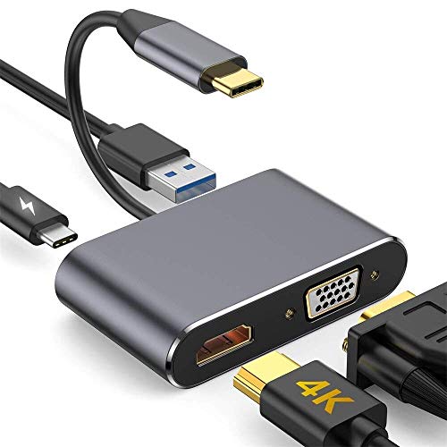 Image of USB C to HDMI VGA Adapter 4k, Microware 4 in 1 USB-C (Thunderbolt 3 Compatible) to HDMI,1080P VGA, USB Type C 87W PD Charging Multiport Adapter Compatible Mac-Book Pro /Switch /iPad Pro /XPS