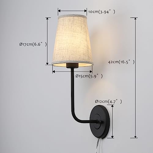 Image of Pathson Set of 2 Plug in Fabric Wall Sconce Linen Cloth Shade, 1-Light Vintage Wall Light Fixture for Living Room Bedroom