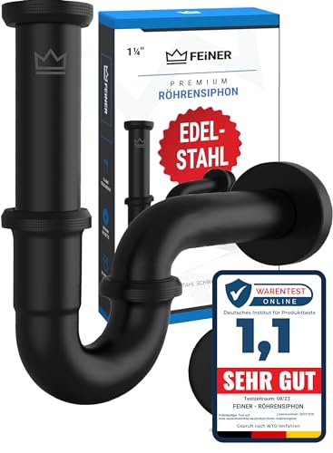 FEINER Premium Universal Siphon für Waschbecken EDELSTAHL vormontiert nur noch zusammenschrauben Waschbecken Ablaufgarnitur 1 1/4 Chrom verstellbar 212 cm Gratis-Dichtungen [ Mattschwarz ]