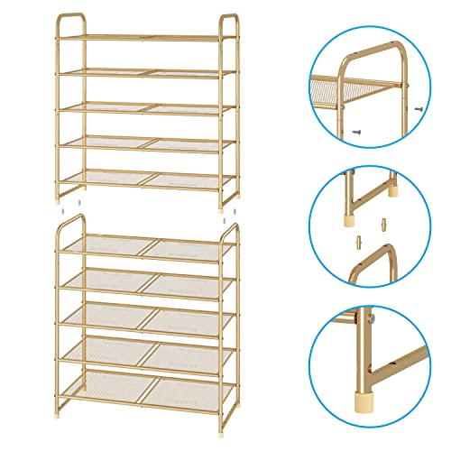 Image of Simple Trending 5-Tier Stackable Shoe Rack, Expandable & Adjustable Shoe Shelf Storage Organizer, Metal Mesh, Gold