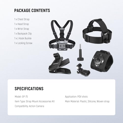 NEEWER Accessory Set Compatible with GoPro Hero Insta360 DJI AKASO Action Camera, Quick Change Head Strap Head Strap Holder, Chest Strap, Backpack Hat Clip Holder & 360° Wrist Strap for GP-75 - image 7