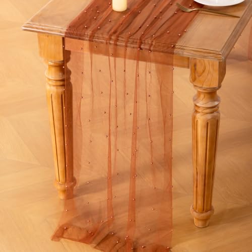 Image of MLMC Terracotta Pearl Table Runner Sheer Tulle Gauze Table Runner 10Ft