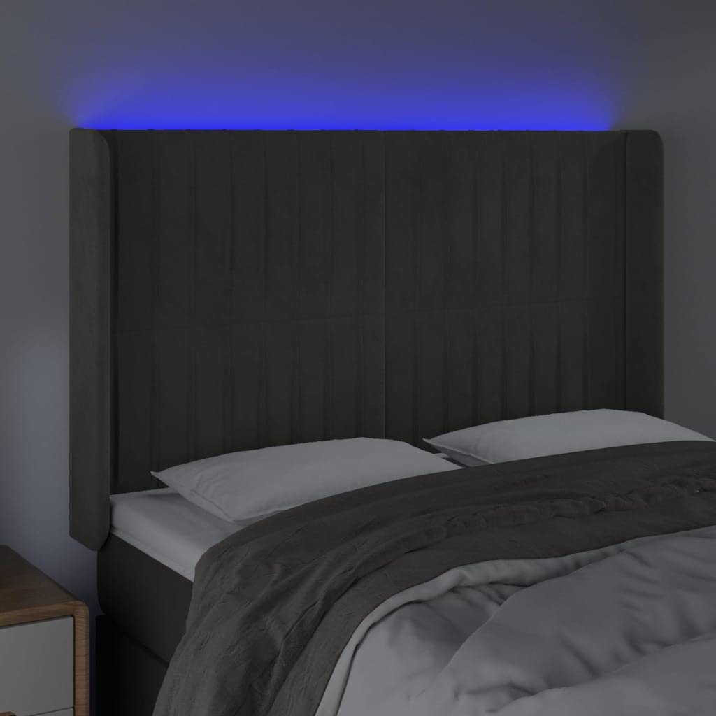 Cabecero LED de terciopelo, 147 x 16 x 118/128 cm, color gris oscuro, altura ajustable con tira RGB enchufable y alerce macizo para dormitorio, habitación juvenil, habitación de invitados