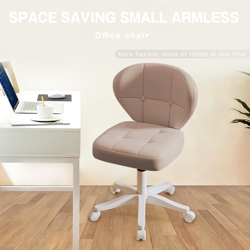Small Office Chair with Lumbar Support, PU Leather Armless Swivel Desk Chair Adjustable Height, Compact Rolling Chair for Home Office, Bedroom, Study Khaki image 8