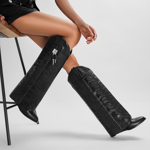 Fold Over Knee High Black Women's Boots, Embroidered Western Cowboy Denim Pointed Toe Wedge Heels, Women's Wide Calf Pull On Pant Tall Shark Boots with Padlock3