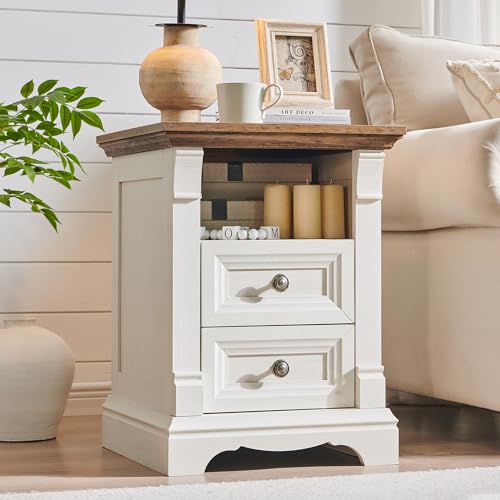 Image of Farmhouse Nightstand with Charging Station 18 inchWood End Table w /Roman Column