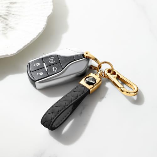 Image of Gkeygo Carabiner Keychain, Universal Heavy Duty Woven Handmade Leather Key Chain, Car Fob Key Keychains with 360 Degree Rotatable Snap Swivel and Anti-Lost D-Ring for Men and Women,Light Gold - Black
