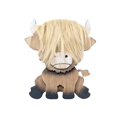 AMAJY Highland Cow Wooden Figurine with Stand – Long...