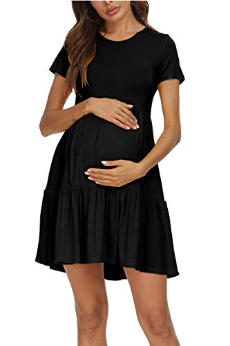 Levaca Women Summer Short Sleeve Ruffle Loose Swing Casual Short Dress Black L #TOP3