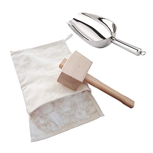 Ice Mallet, Ice Scoop and Ice Bag, 3 Pieces/Set, Reusable Crushing Bag, Manual Ice Crusher Wood Hammer for Bar Cocktails Kitchen Accessory