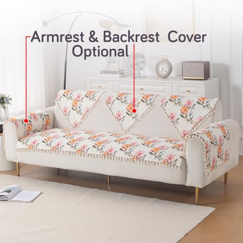 Image of HOKIPO Painterly Floral Quilted Sofa Cover 5 Seater Set with Tassels - Washable 3+2 Sofa Cover Mat |'Tassel Twigs' Series (IN-985-T8 + IN-983-T8)